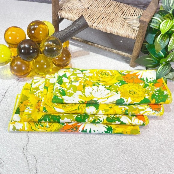 Unknown Other - Vintage Fabric Napkins Set of 4 Yellow Orange Multicolor Daisies Roses MOD Print